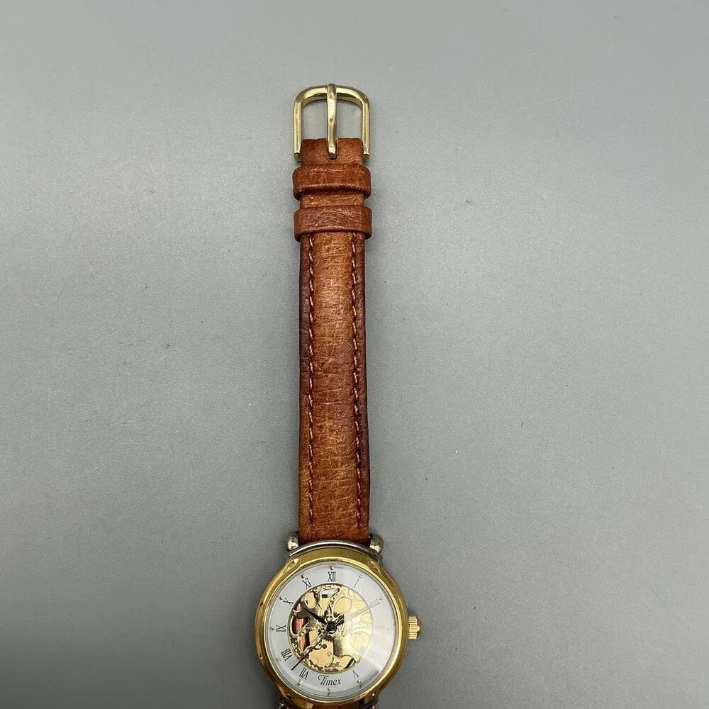 Vintage Timex Womens Watch 24mm Gold White Skeleton Brown Leather New Battery